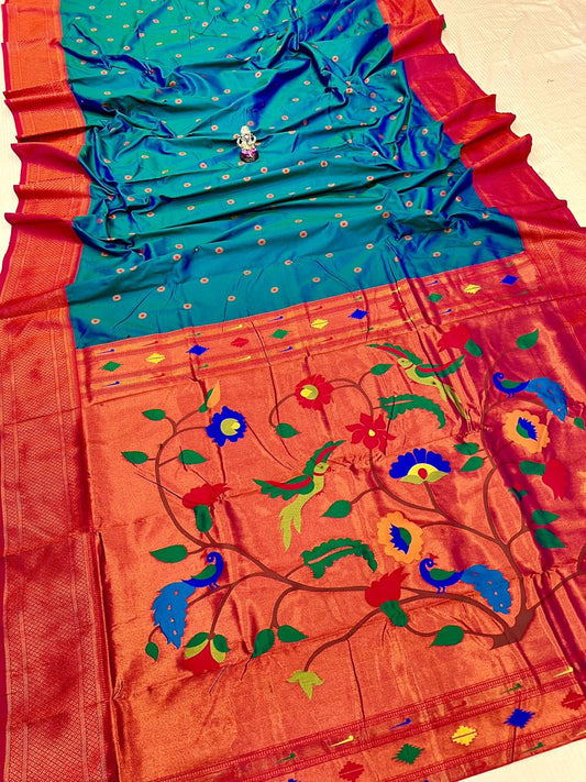 Opulent Peacock Blue Kadiyal Paithani Silk Saree