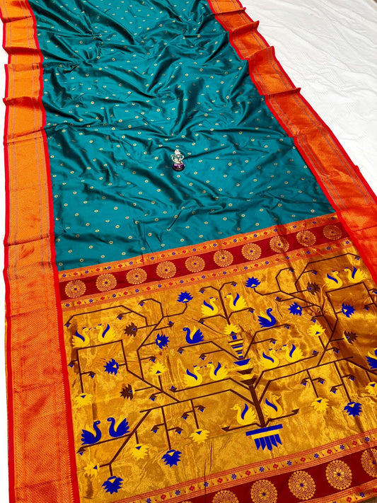 Stylish Peacock Green Swan Paithani Silk Saree