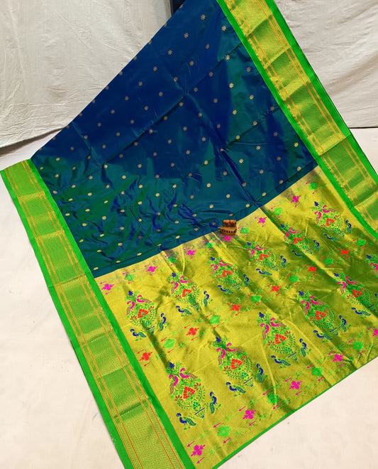 Exclusive Peacock Green Karnaful Kadiyal Paithani Saree