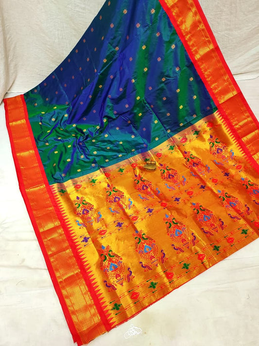 Exclusive Peacock Green Karnaful Kadiyal Paithani Saree