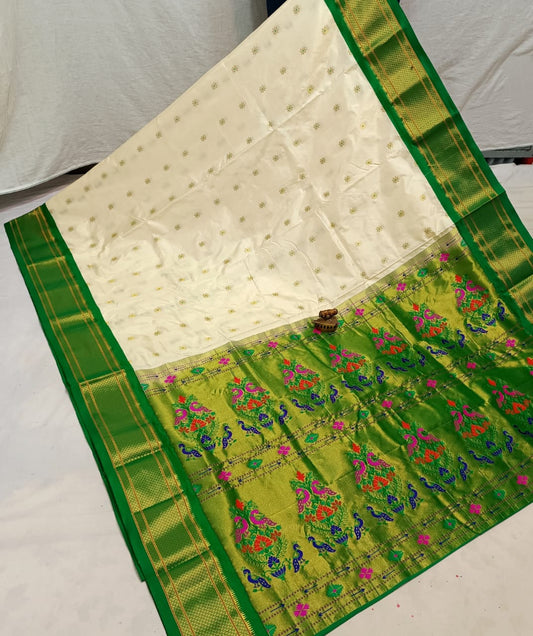 Opulent Pearl White Karnaful Kadiyal Paithani Saree