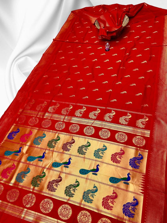 Timeless Red Ruhi Peacock Silk Saree