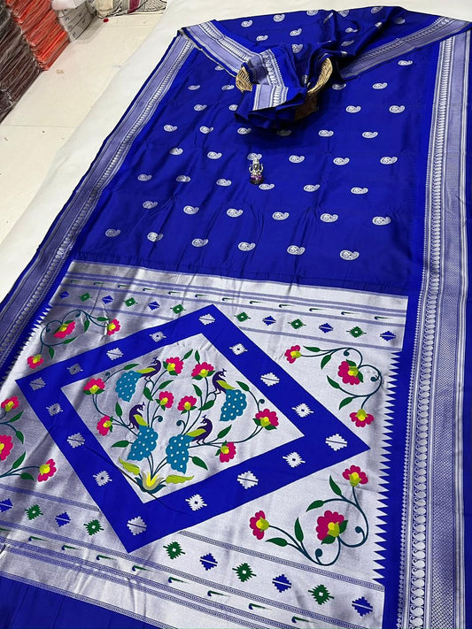 Timeless Royal Blue Peacock Paithani Silk Saree
