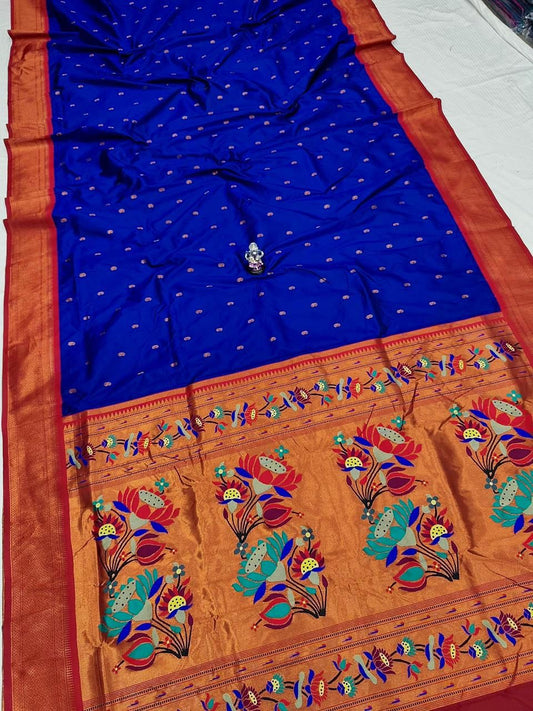 Royal Royal Blue Lotus Paithani Silk Saree