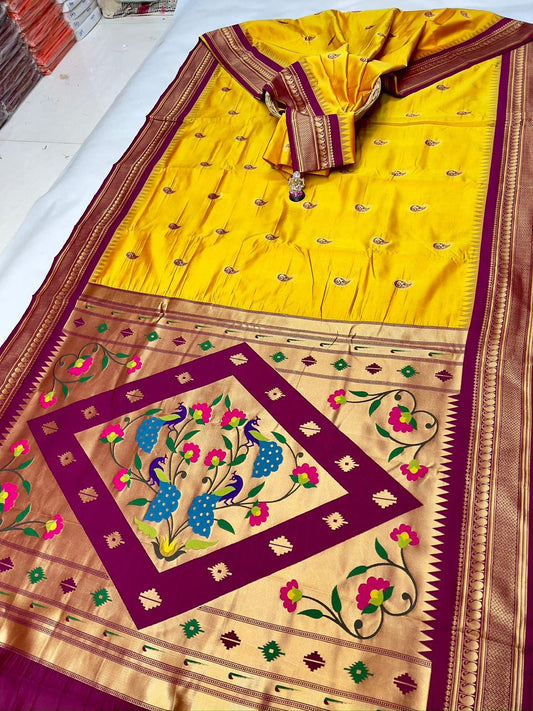 Refined Sunshine Yellow Peacock Paithani Silk Saree