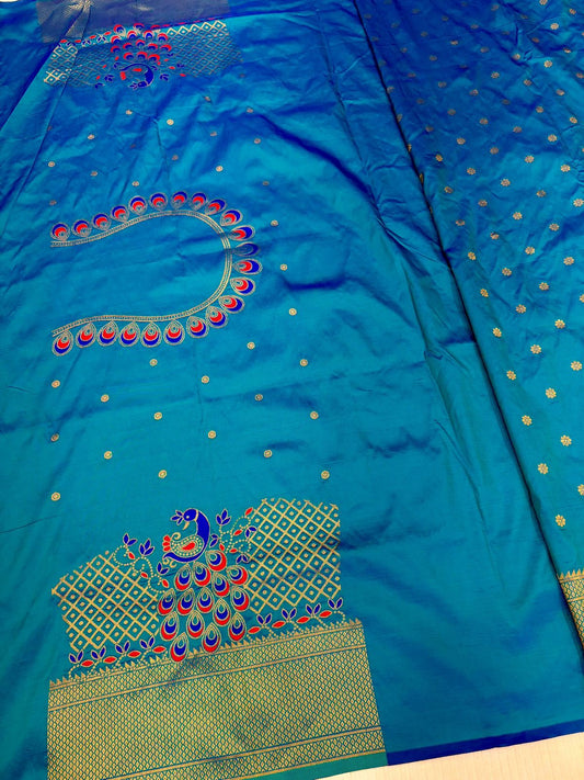 Timeless Turquoise Blue Traditional Embroidery Silk Saree