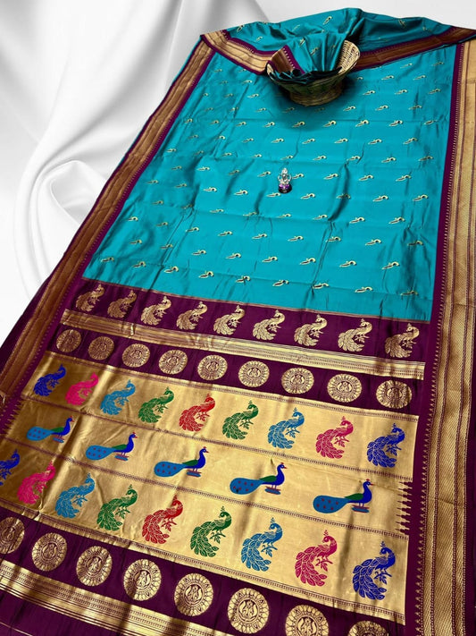Refined Turquoise Green Ruhi Peacock Silk Saree