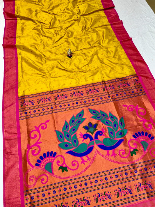 Graceful Yellow Menakari Peacock Silk Saree